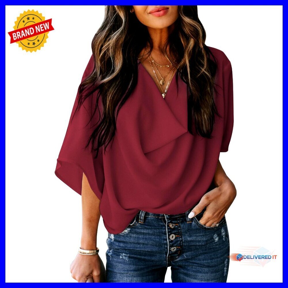 3/4 Sleeve V Neck Wrap Blouse Draped Front Elegant Chic Work Casual